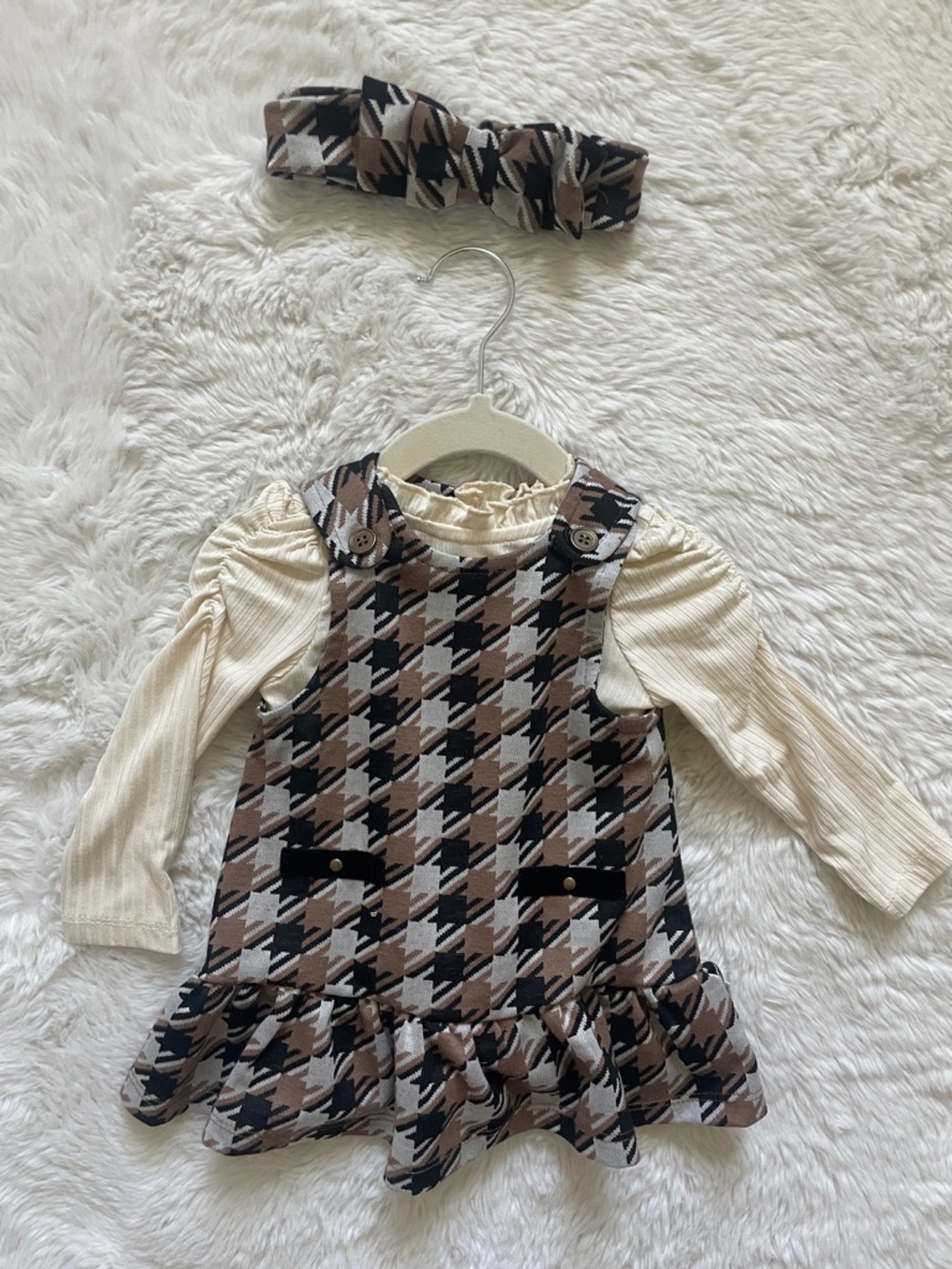 Cream & Brown Houndstooth Pinafore Dress with Headband - Baby